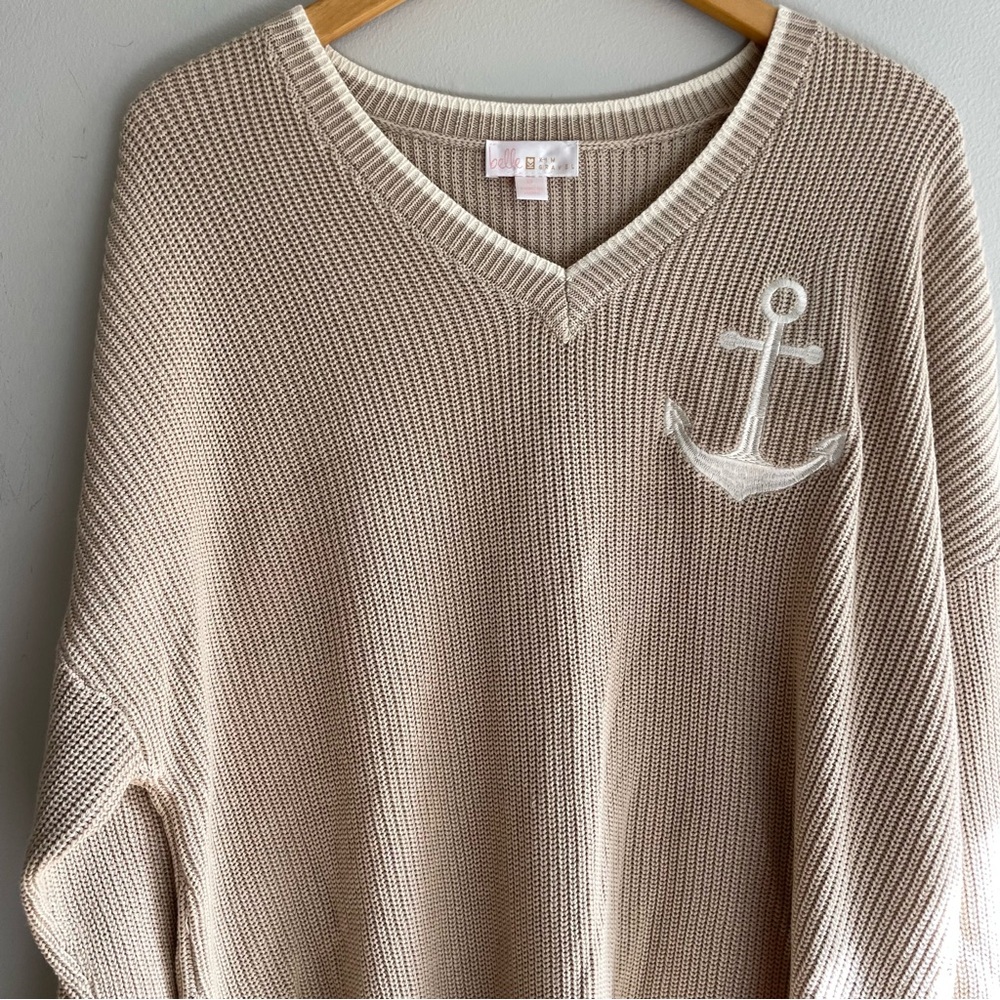 Belle by Kim Gravel Cream V-Neck Sweater with Anchor Design